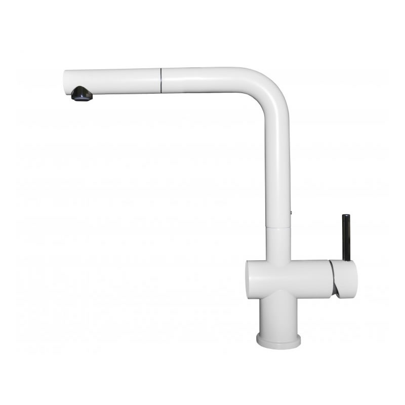 Baterie bucatarie Elleci Stream Plus, White K96, monocomanda, cartus ceramic, dus extractibil