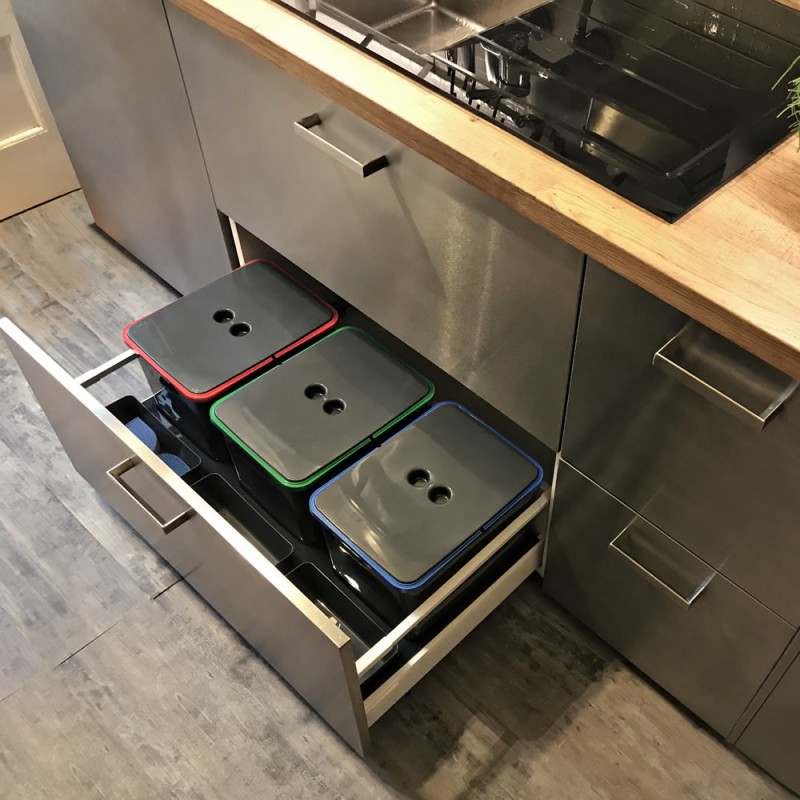 Cos de gunoi selectiv Merill Elegans 900 pentru sertar de 90 cm, 48 l, H 300 mm, 3 cosuri x 16 l