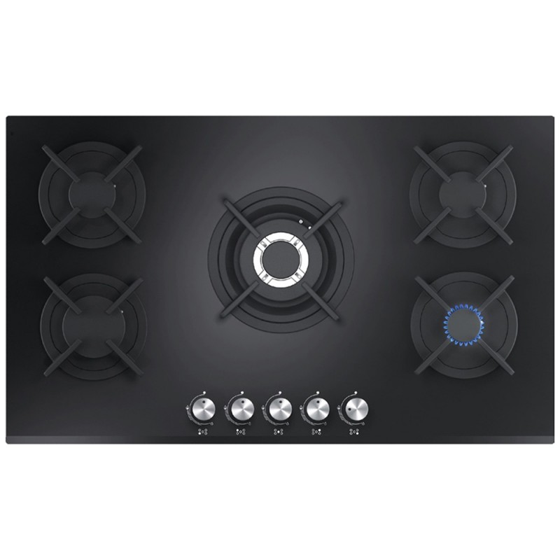 Plita pe gaz La Cottura 90 cm GG9KF53, 5 arzatoare, gratar fonta, Sticla Neagra