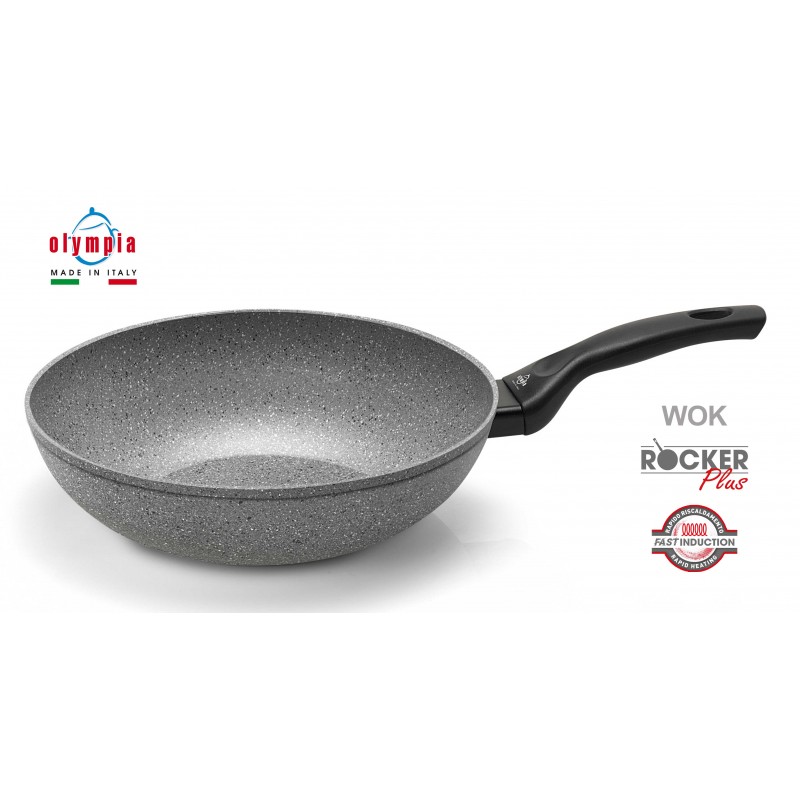 Tigaie wok Olympia Rocker Plus, 28 cm, multistratificata, aluminiu special pentru alimente, cu particule minerale, gri, inductie