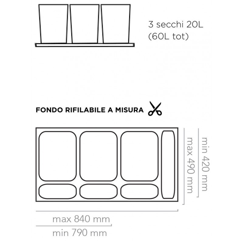 Cos de gunoi selectiv Merill Elegans 900 pentru sertar de 90 cm, 48 l, H 300 mm, 3 cosuri x 16 l