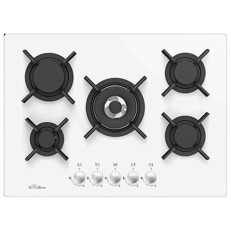 Plita pe gaz La Cottura 70 cm, GG7KF53W, 5 arzatoare, gratar fonta, sticla alba