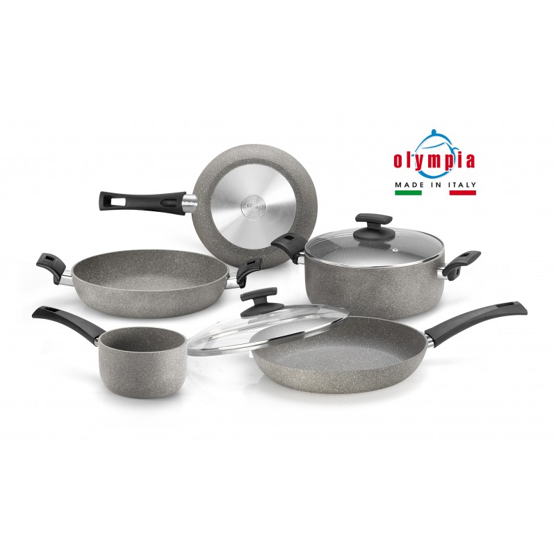 Tigaie Olympia Rocker, 28 cm, multistratificata, aluminiu special pentru alimente, cu particule minerale, gri
